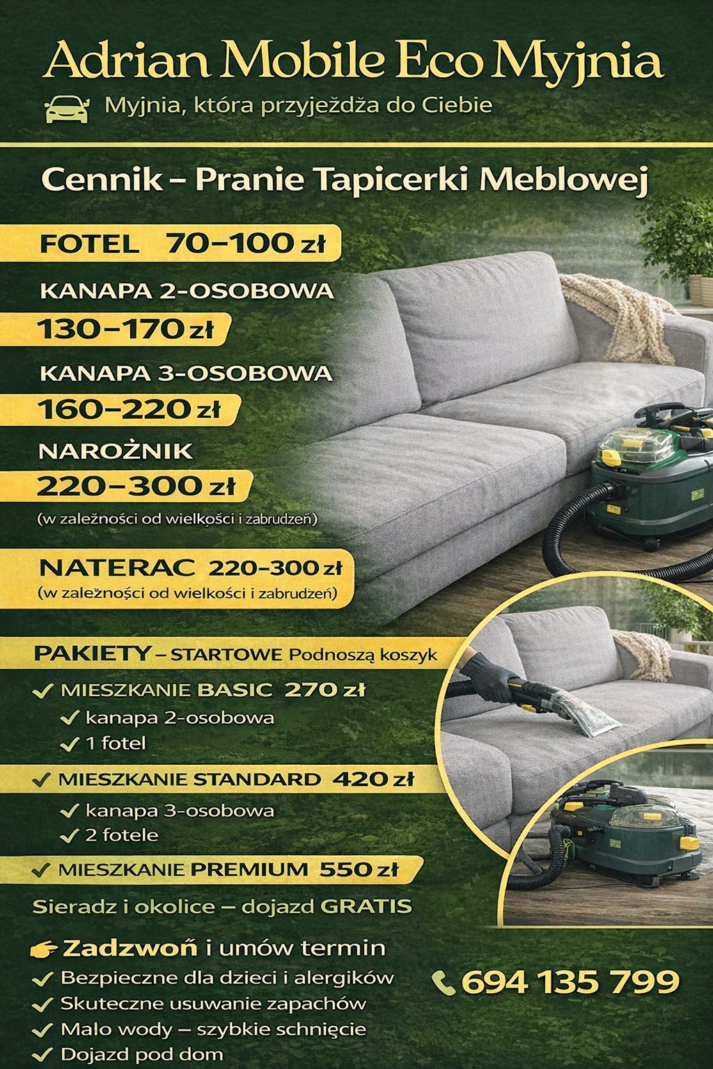 Cennik prania tapicerki meblowej z ofertą pakietów, prezentujący ceny za fotele, kanapy i materace. Widoczny fragment sofy i urządzenie do prania.