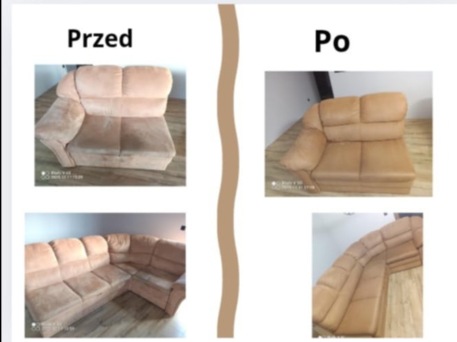Beżowa kanapa narożna w układzie 'przed' i 'po' czyszczeniu. Widoczne różnice w odcieniu i czystości tapicerki. Ujęcie z dwóch perspektyw.