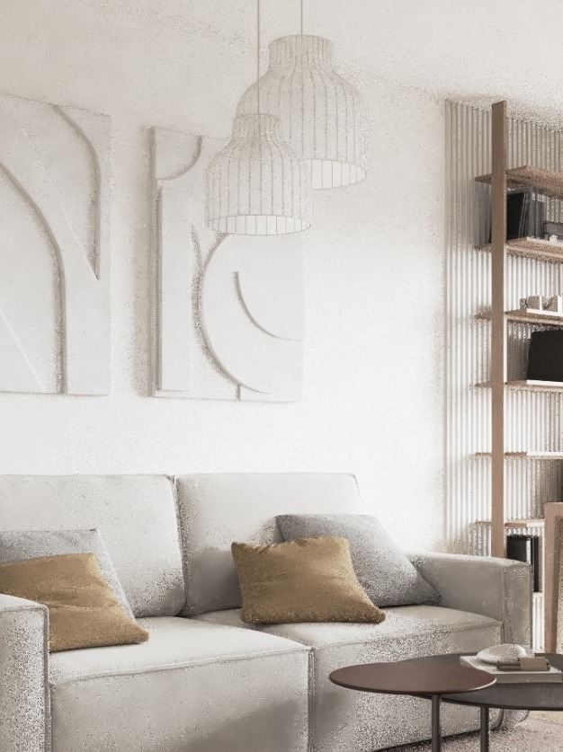 Jasne wnętrze salonu z sofą, abstrakcyjnymi obrazami na ścianie i ażurowymi lampami wiszącymi. Minimalistyczny regał z książkami w tle.