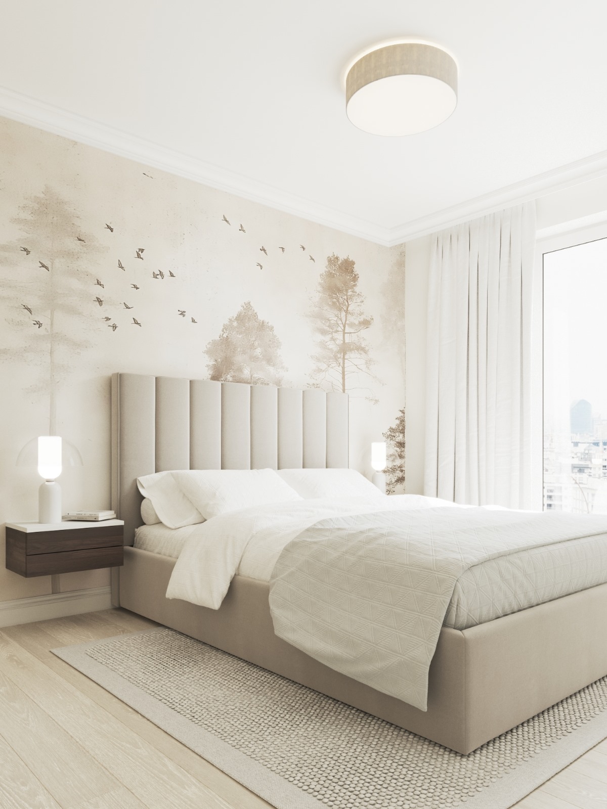 Jasna sypialnia w Poznaniu z łóżkiem kontynentalnym, tapetą z motywem lasu i ptaków. Minimalistyczne lampki nocne i dywan w neutralnych barwach dopełniają aranżację.