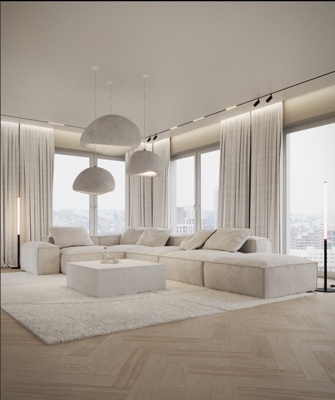 Jasne wnętrze salonu z modułową sofą narożną, trzema lampami wiszącymi o nieregularnych kształtach i dużym oknem z widokiem na miasto. Parkiet w jodełkę.