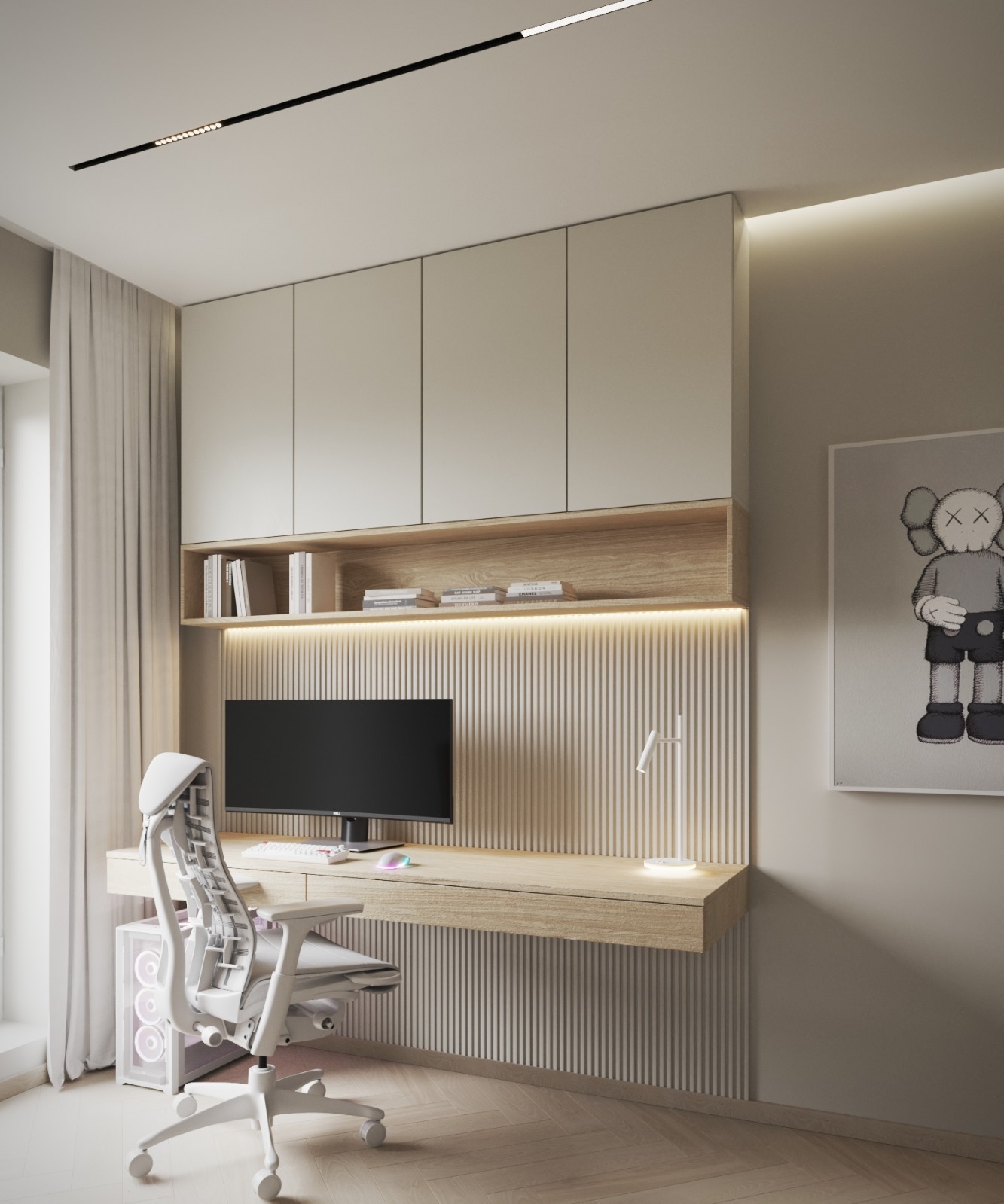 Nowoczesny pokój gracza z biurkiem z drewnianym blatem, białym krzesłem ergonomicznym i szafkami wiszącymi. Ściana z lamelami i oświetleniem LED. Minimalistyczny design.