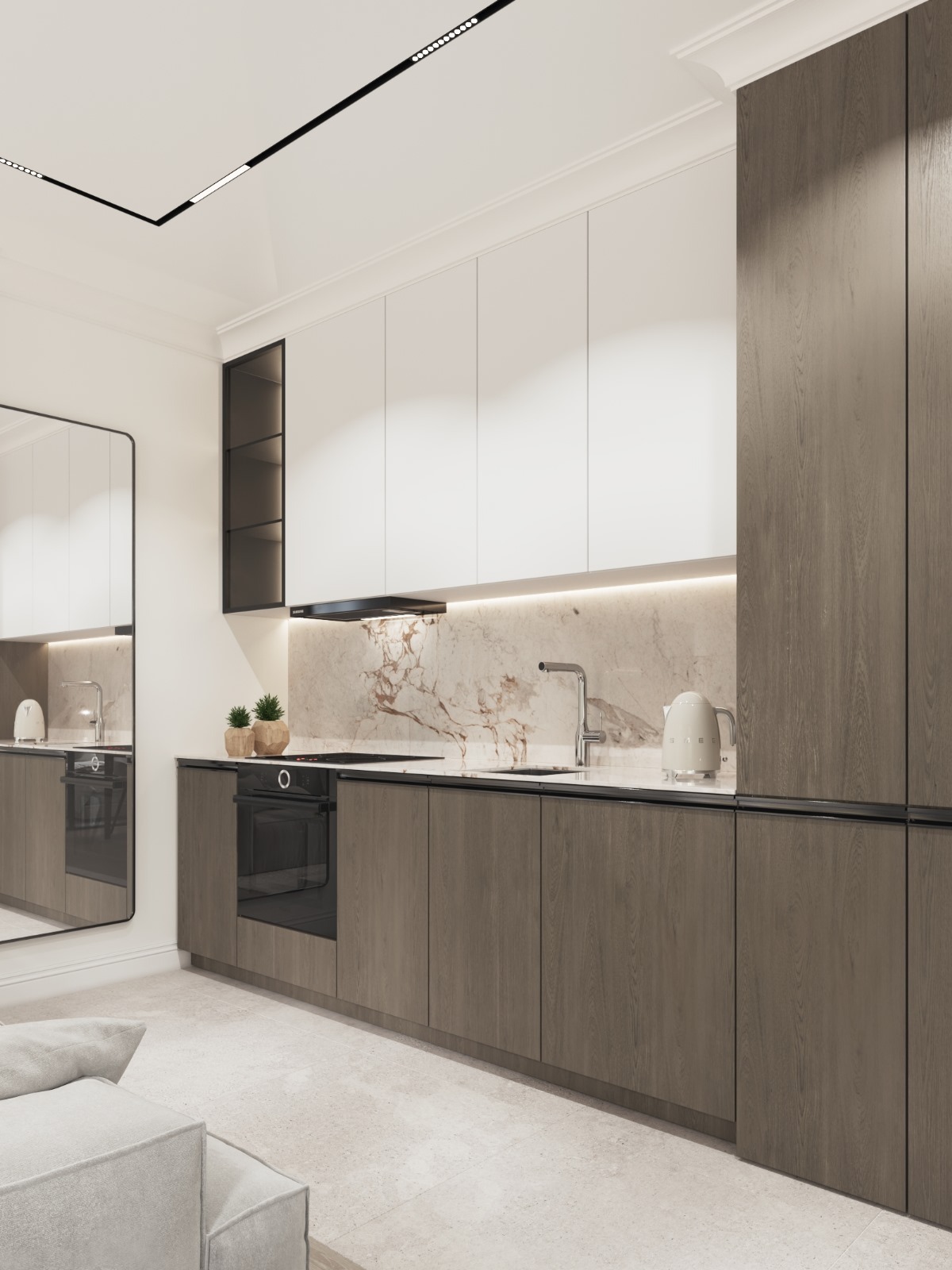 Nowoczesna kuchnia z drewnianymi szafkami, marmurowym blatem i białymi górnymi szafkami. W tle lustro odbijające fragment kuchni. Minimalistyczne oświetlenie.