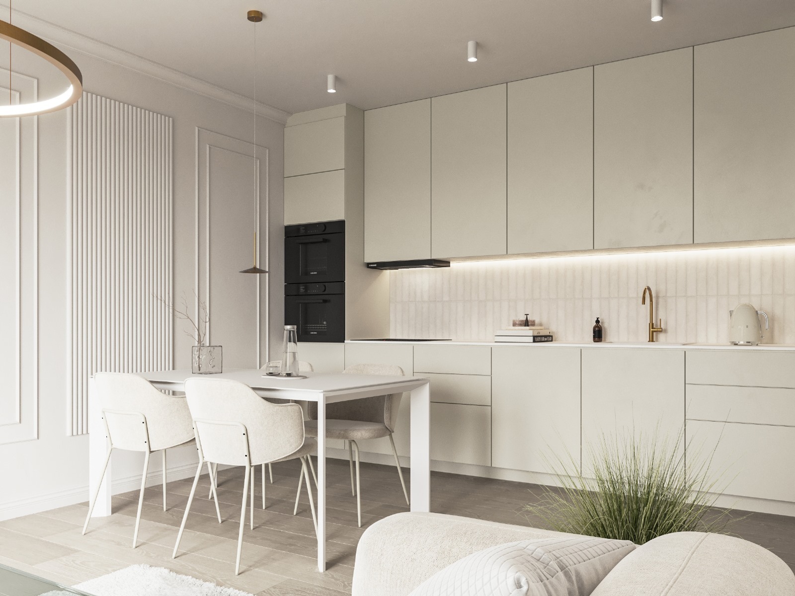 Jasna kuchnia z minimalistycznymi szafkami, białym stołem i krzesłami. Dekoracyjne panele ścienne i subtelne oświetlenie tworzą elegancką przestrzeń.