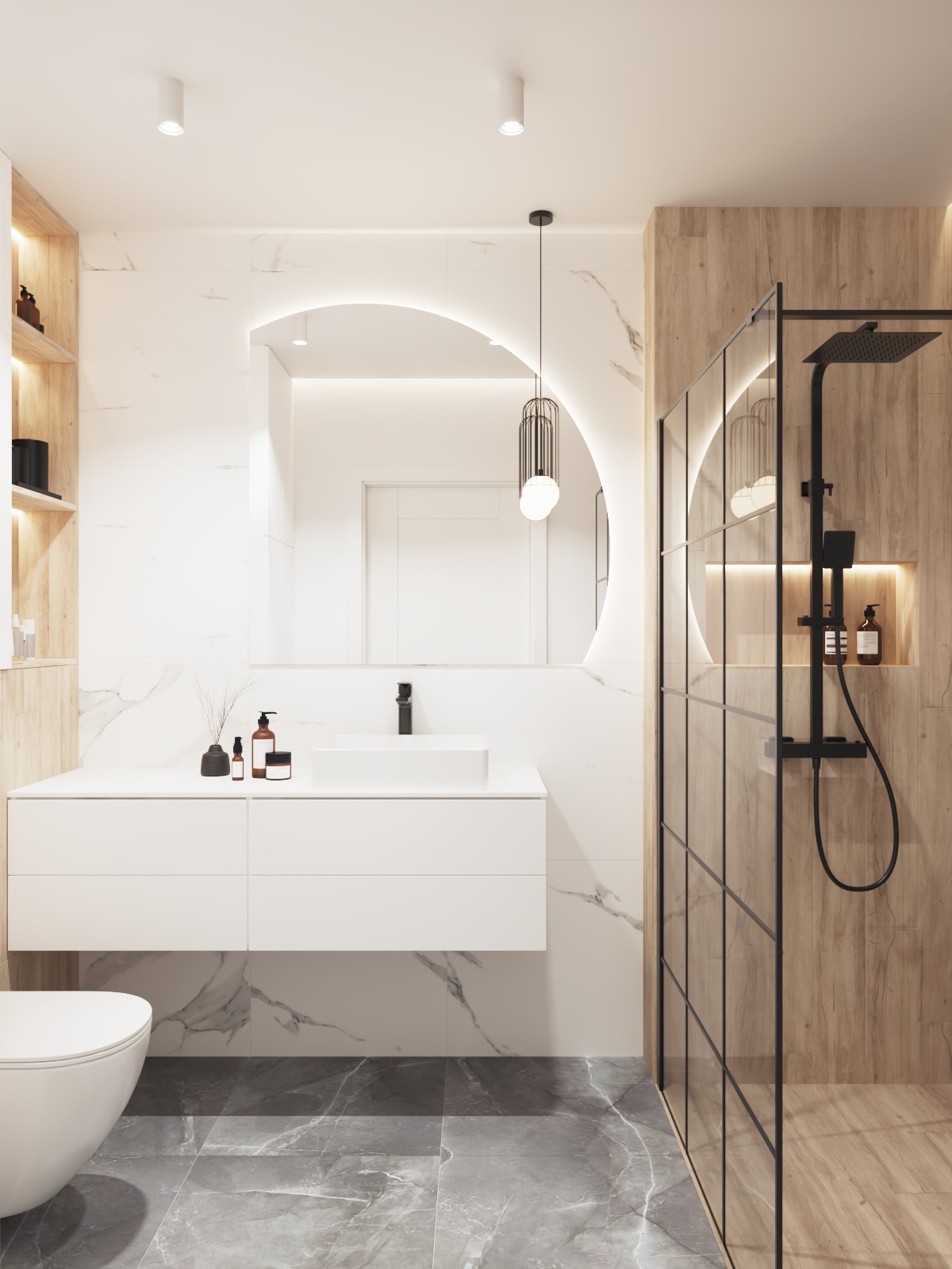 Nowoczesna łazienka z kabiną prysznicową typu walk-in, okrągłym lustrem z podświetleniem LED i białą szafką pod umywalką. Drewniane i marmurowe wykończenia.