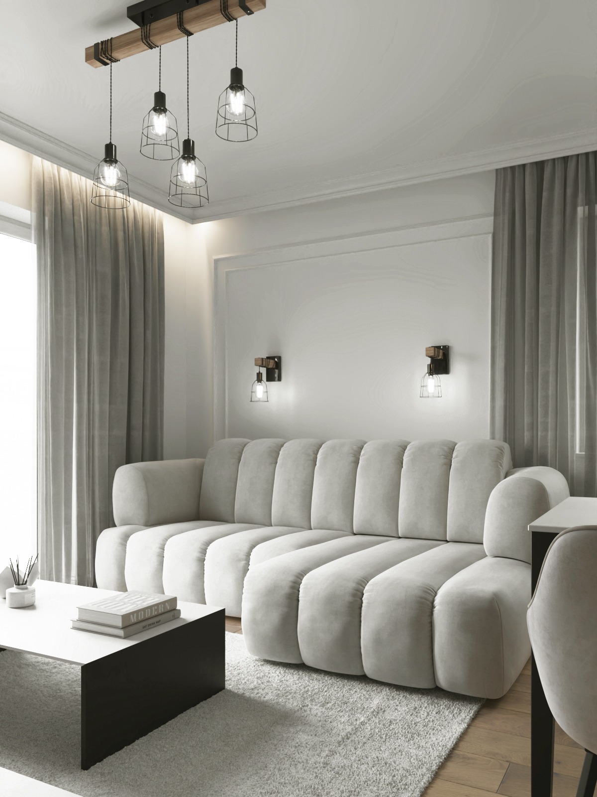 Jasny salon z modułową sofą, lampami w stylu industrialnym i minimalistycznym stolikiem kawowym. Stonowana kolorystyka, miękkie światło, dywan z długim włosiem.