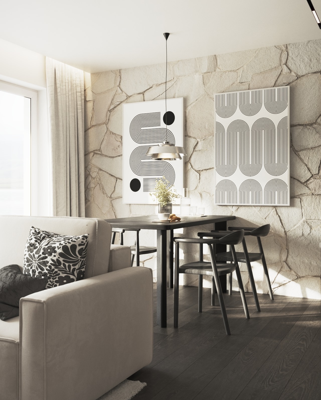 Jasne wnętrze z sofą, stołem i krzesłami na tle ściany z kamienia. Nad stołem wisi lampa. Na ścianie wiszą grafiki w stylu retro. Minimalistyczny design.