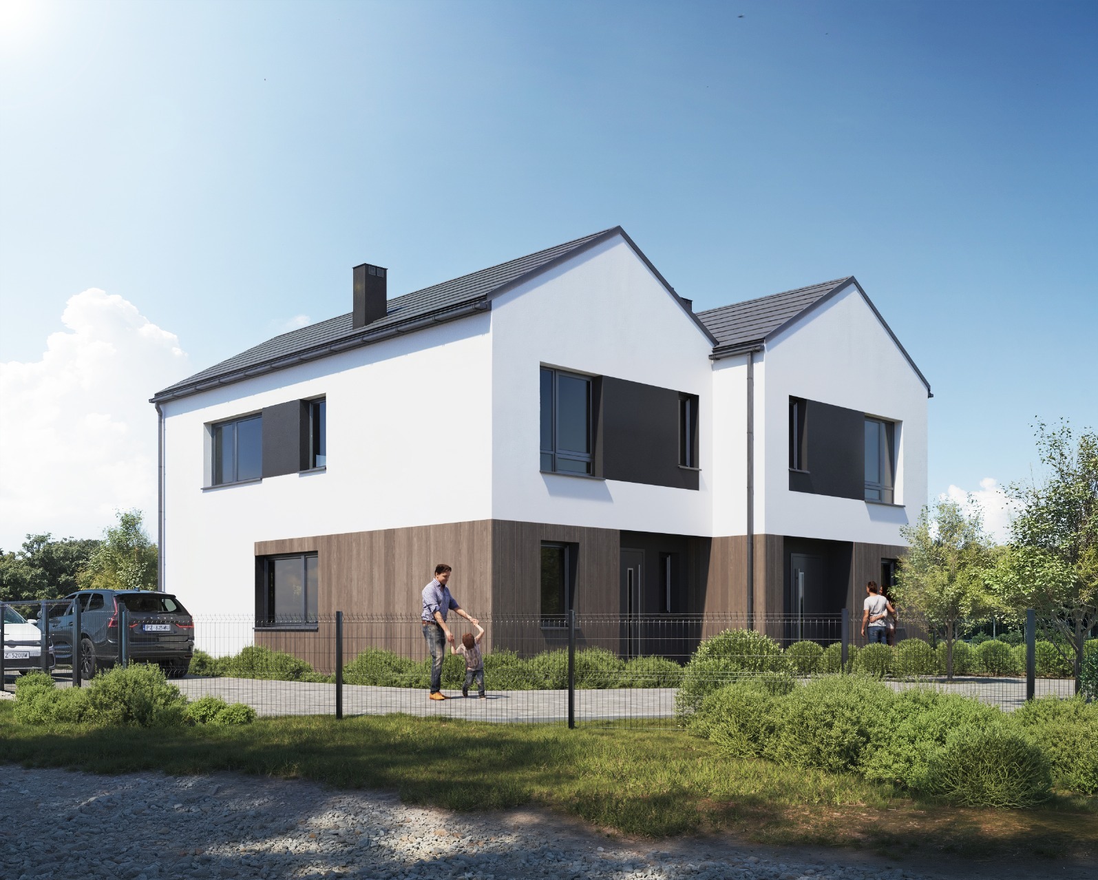 Wizualizacja nowoczesnego domu dwukondygnacyjnego z elementami drewnianej elewacji, ogrodzeniem i spacerującą rodziną na tle błękitnego nieba.