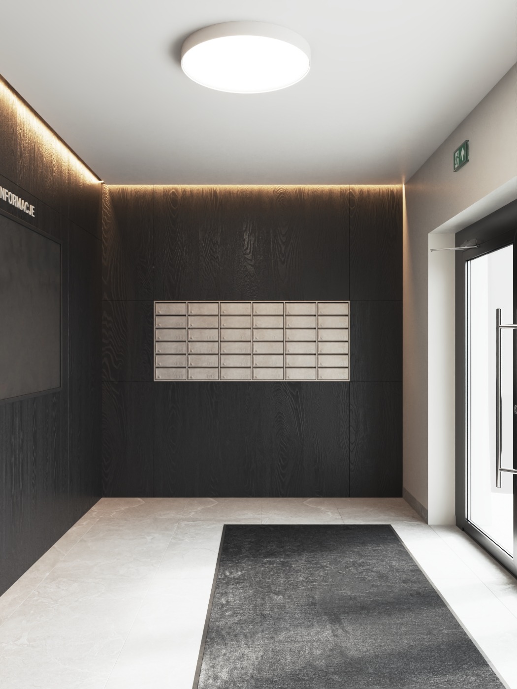 Nowoczesny hol wejściowy z czarną, drewnianą zabudową, oświetleniem LED i metalowymi skrzynkami pocztowymi. Jasna podłoga i ciemny dywanik przy wejściu.