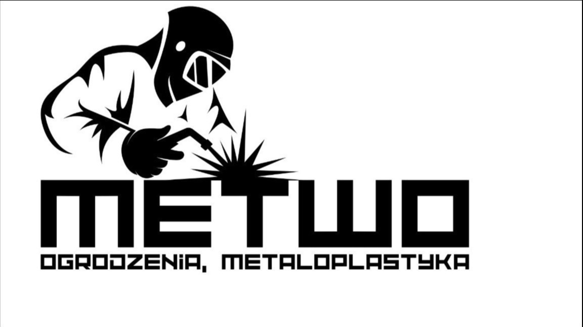 Czarno-białe logo firmy METWO z sylwetką spawacza i napisem 'Ogrodzenia, Metaloplastyka'.