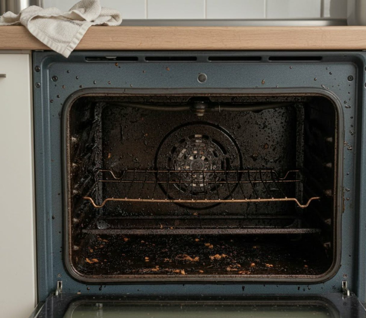 Brudny piekarnik z przypalonym tłuszczem i resztkami jedzenia, widok z bliska na wnętrze przed czyszczeniem. Na górze kadru widoczna ściereczka.