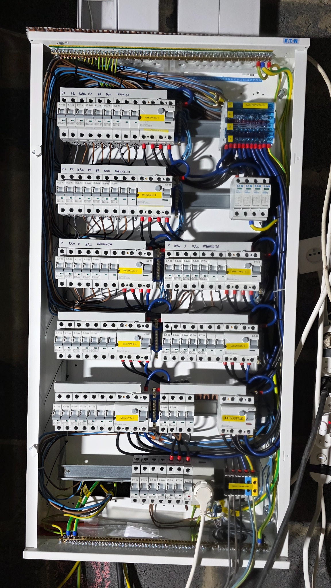Rozdzielnica elektryczna z licznymi bezpiecznikami i okablowaniem, widoczne oznaczenia 'Mieszkanie' na żółtych etykietach. Biała obudowa, przewody w kolorach niebieskim, czarnym, żółto-zielonym.
