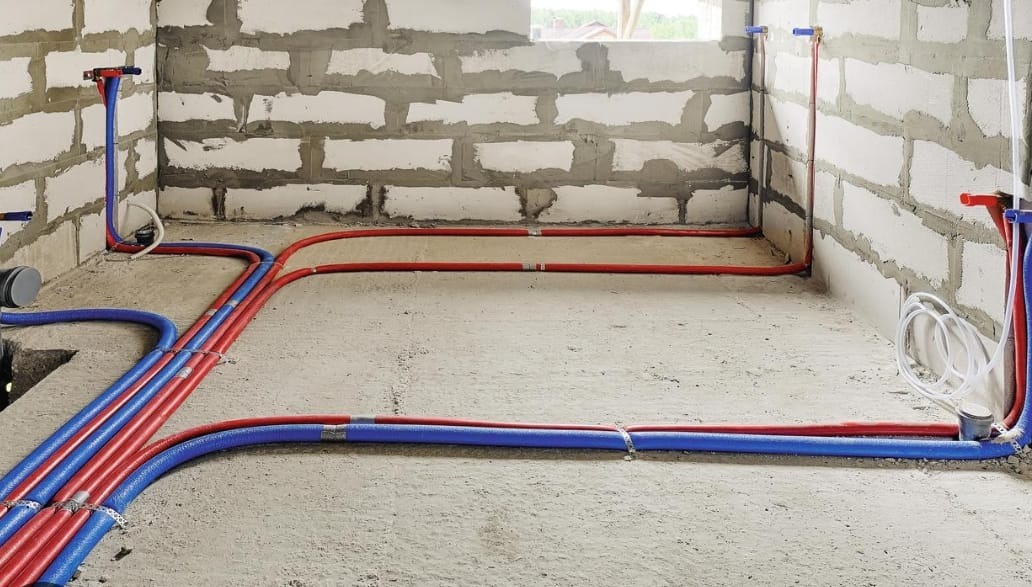 Instalacja ogrzewania podłogowego w surowym wnętrzu: czerwone i niebieskie rury ułożone na betonowej posadzce, widoczne przyłącza do ściany z betonu komórkowego.