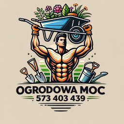 Ogrodowa Moc - Ilustracja: muskularny mężczyzna dźwiga taczkę pełną kwiatów, obok narzędzia ogrodnicze i napis 'Ogrodowa Moc' z numerem telefonu. Grafika w stylu cartoon.