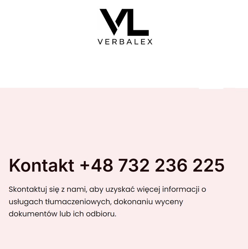 Elegancki baner firmy Verbalex z logo VL, numerem telefonu +48 732 236 225 i zaproszeniem do kontaktu w sprawie usług tłumaczeniowych i wyceny dokumentów.