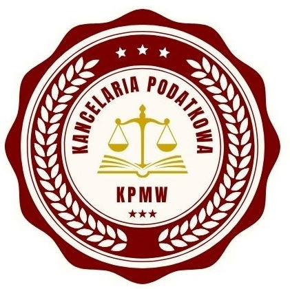 Logo Kancelarii Podatkowej KPMW w bordowej rozecie z motywem wagi na otwartej księdze i napisem 'Kancelaria Podatkowa' otoczonym wieńcem laurowym.