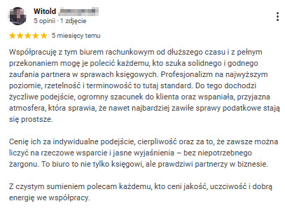 Pozytywna opinia klienta Witolda o biurze rachunkowym z Google, podkreślająca profesjonalizm, rzetelność i przyjazną atmosferę współpracy.