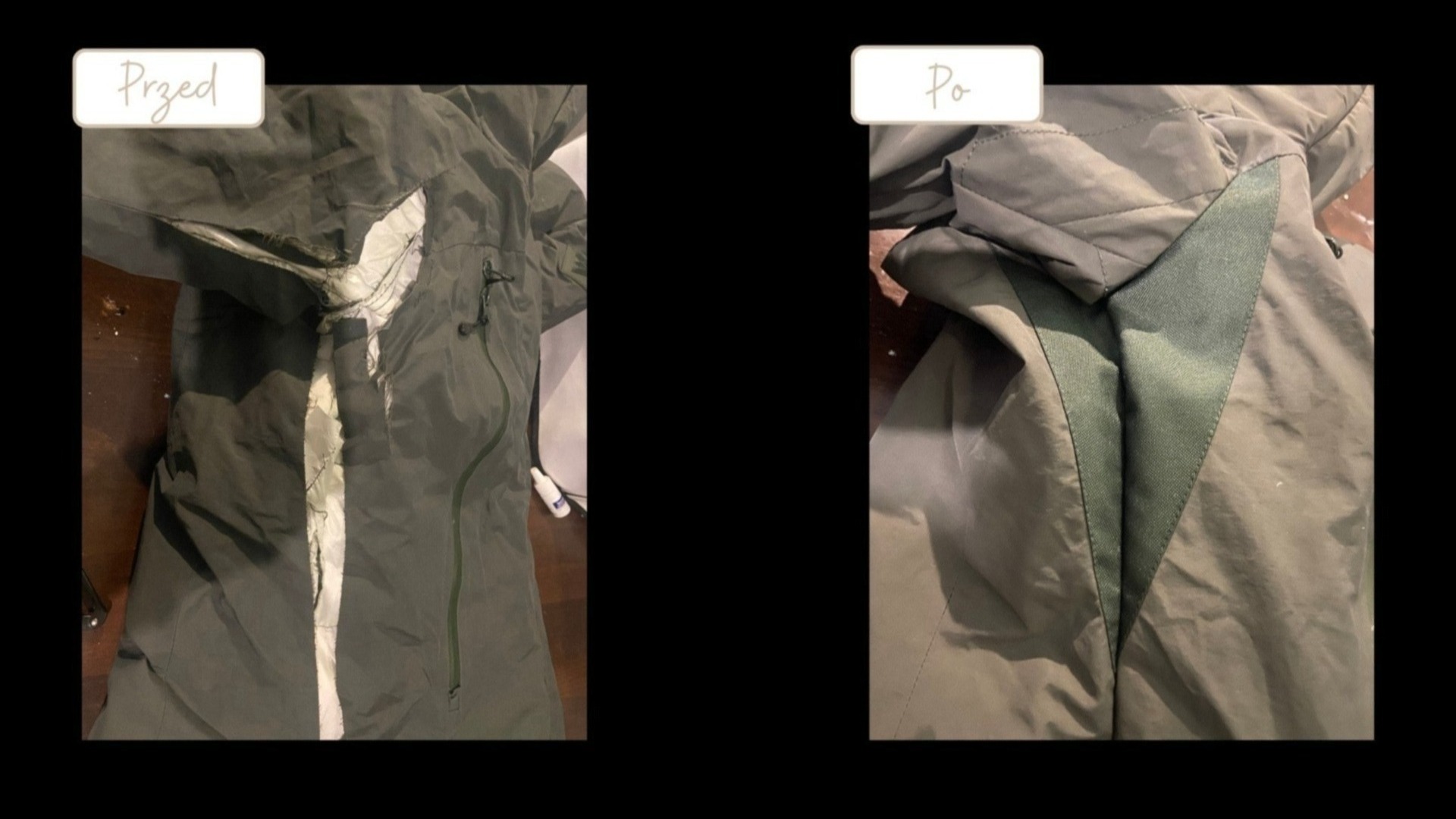 Zdjęcie typu 'przed i po' przedstawia naprawioną, oliwkową kurtkę. Po lewej stronie widoczna dziura, po prawej załatana, z nowym, zielonym materiałem w kształcie litery V.