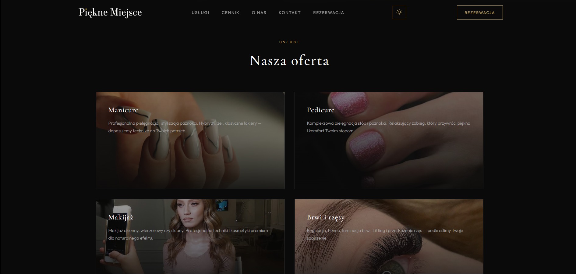 Strona internetowa salonu kosmetycznego prezentująca ofertę: manicure, pedicure, makijaż i stylizację brwi i rzęs. Ciemna kolorystyka, elegancki design, profesjonalne zdjęcia.