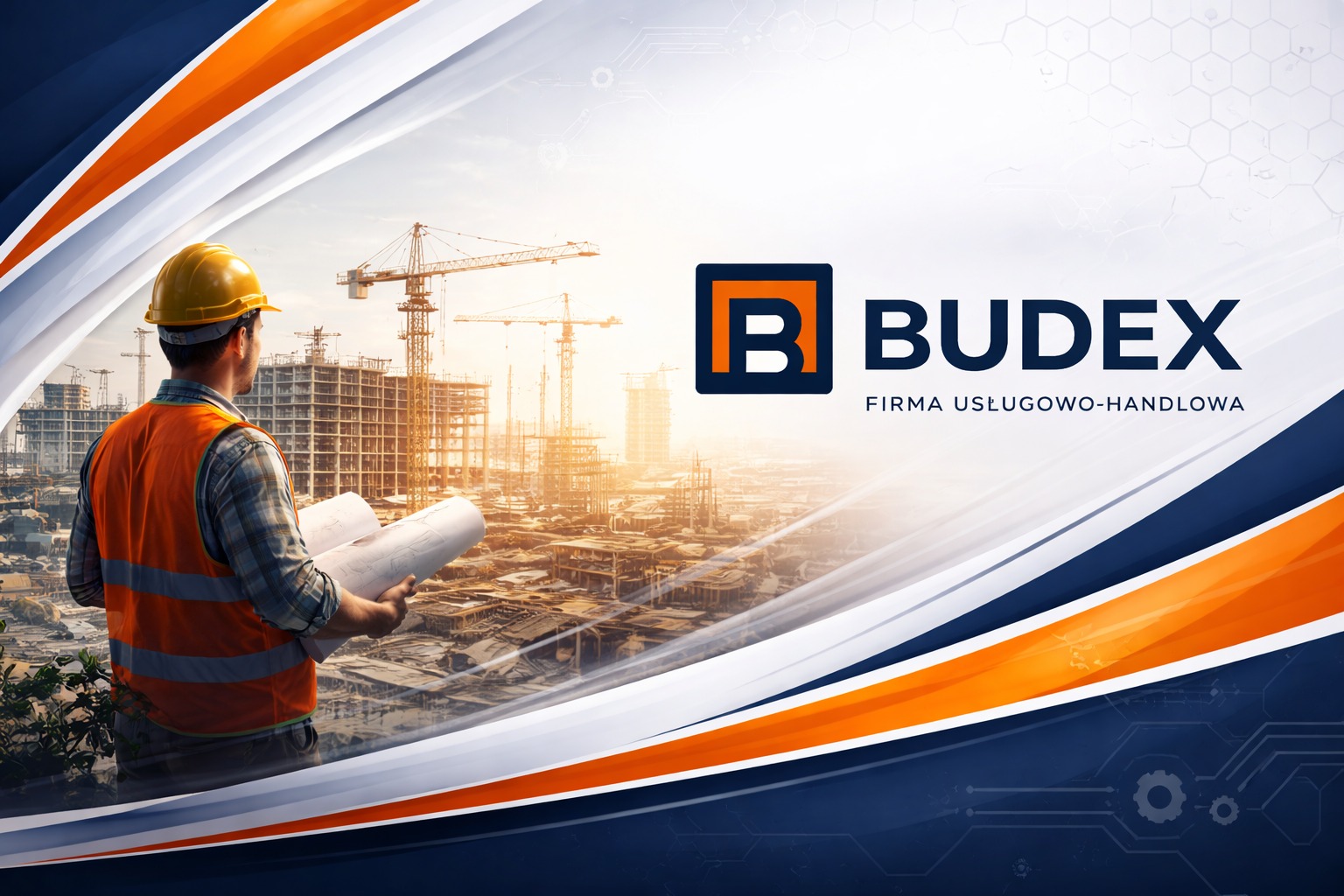 Budowa w toku: Inżynier z planami na tle konstrukcji i żurawi, logo Budex. Wizualizacja firmy budowlanej.