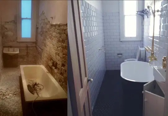Łazienka przed i po remoncie: od surowych ścian z cegły i starej wanny do wykafelkowanej przestrzeni z nową armaturą i czarną podłogą. Widok na okno.