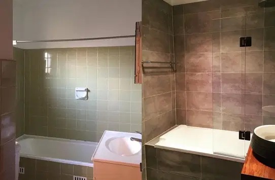 Zdjęcie łazienki przed i po remoncie. Po lewej stara, zielona glazura, po prawej nowa, szara z kabiną prysznicową. Widoczna umywalka i wanna.