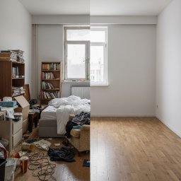 Sheremet Transport - Pokój przed i po opróżnianiu: zagracona przestrzeń z książkami, łóżkiem i bałaganem kontra puste, odnowione wnętrze z parkietem i białymi ścianami.