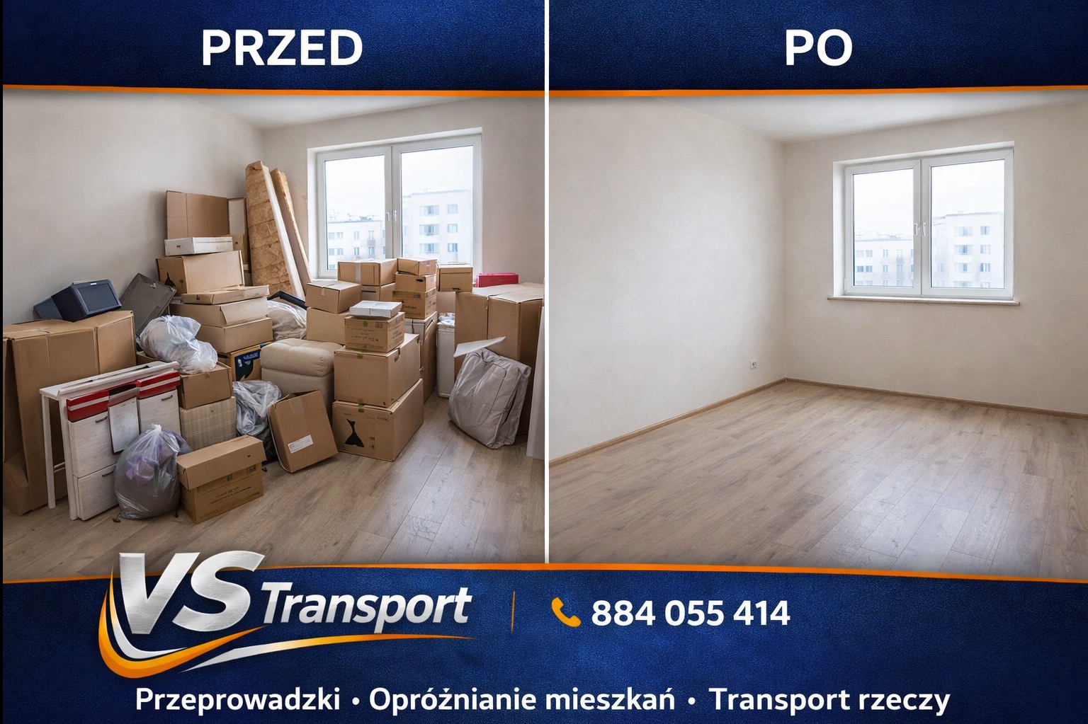 Opróżnione mieszkanie: widok pokoju przed i po usunięciu kartonów, mebli i sprzętów. Jasne wnętrze z oknem, czyste ściany i podłoga.