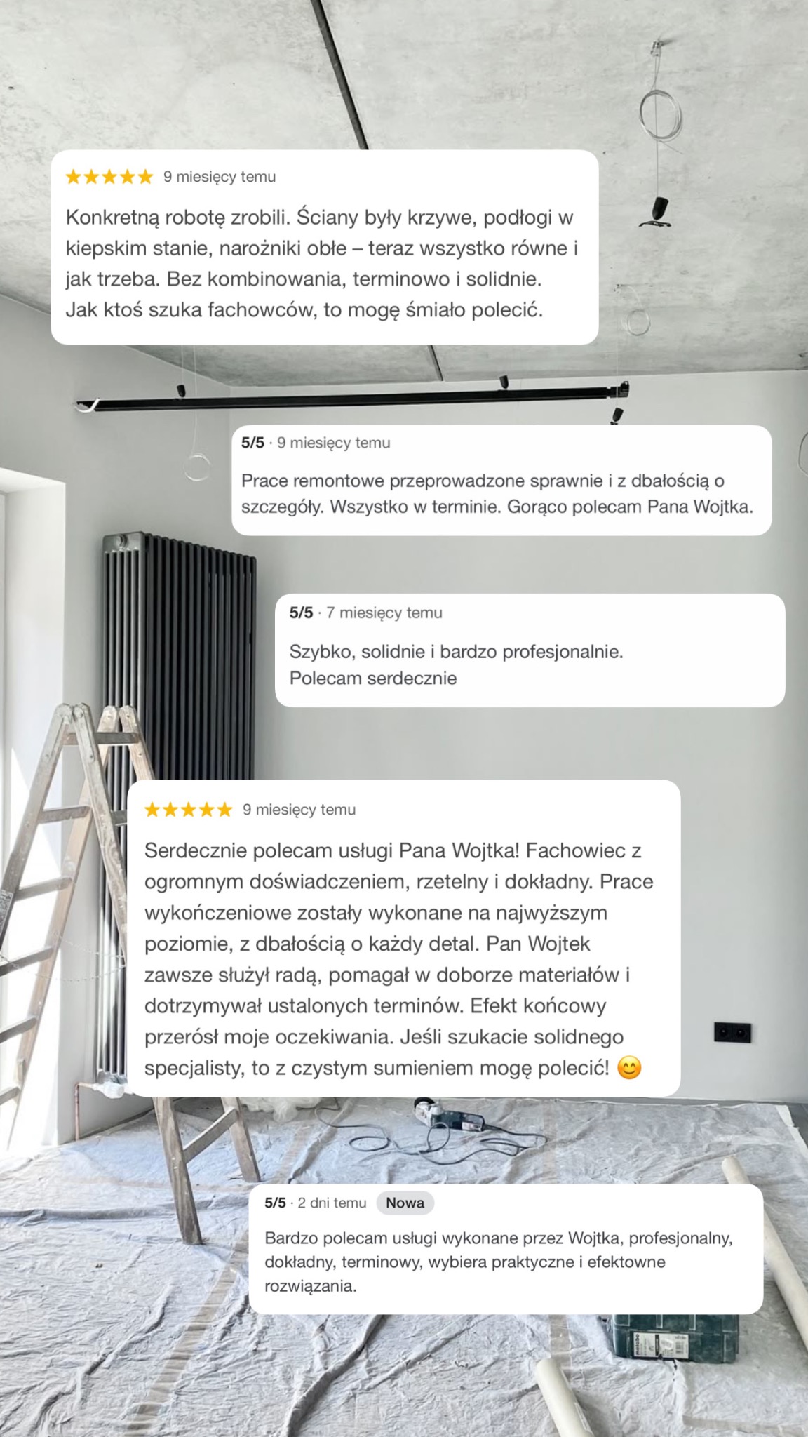 Pokój po remoncie z grzejnikiem, drabina malarska i narzędzia pod przykryciem. Widoczne opinie klientów o wykonanej usłudze.