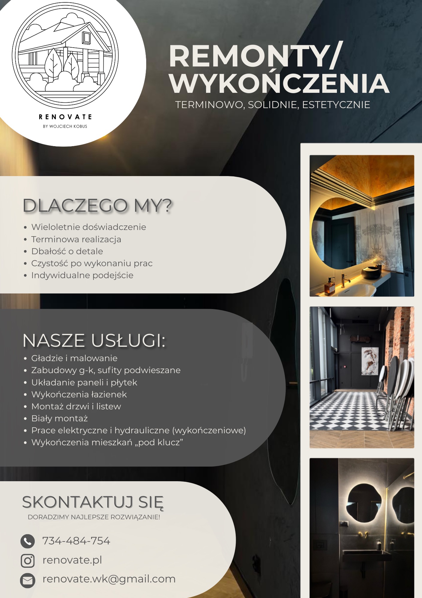 Materiały reklamowe firmy remontowej: logo, opis usług (m.in. wykończenia łazienek, układanie paneli), zdjęcia łazienek po remoncie, dane kontaktowe.