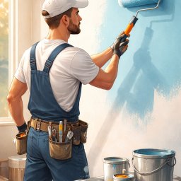 Łukasz Bąk - Malarz w kombinezonie z narzędziami maluje ścianę na jasny błękit wałkiem. Widoczne pędzle, kuweta z farbą i wiaderka. Jasne wnętrze z oknem.