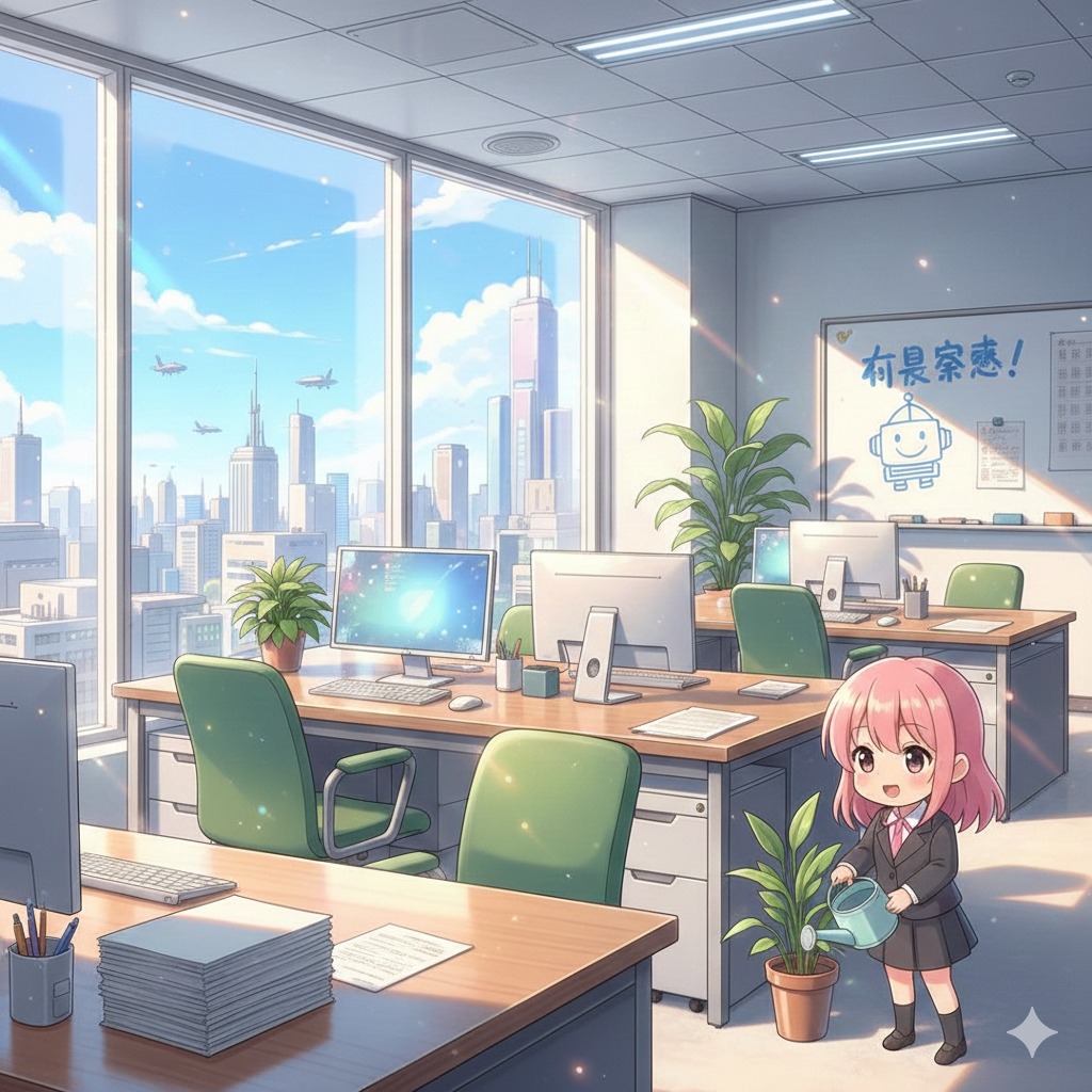 Jasne biuro w stylu anime z widokiem na miasto. Biurka z komputerami, roślina doniczkowa podlewana przez postać z anime. Nowoczesne, przestronne wnętrze.