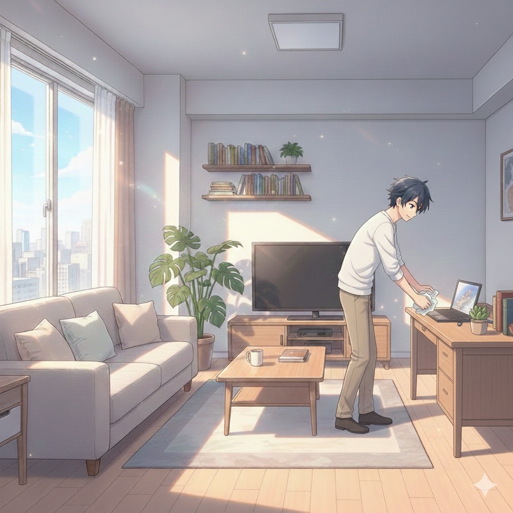 Anime postać czyści laptopa w jasnym salonie. W tle okno z widokiem na miasto, sofa, telewizor i półki z książkami. Promienie słońca wpadają do pomieszczenia.