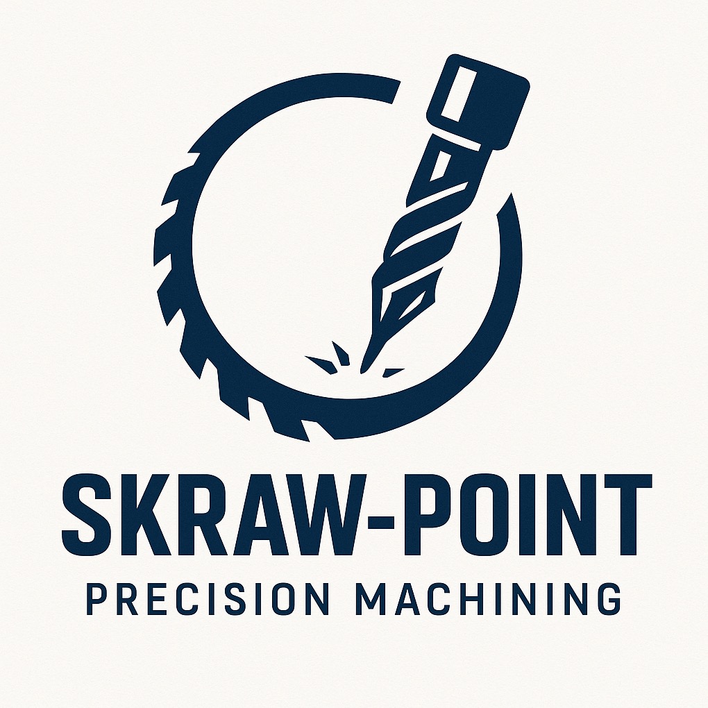 Logo firmy Skraw-Point Precision Machining: wiertło w okręgu z zębami piły, symbolizujące precyzyjną obróbkę skrawaniem.