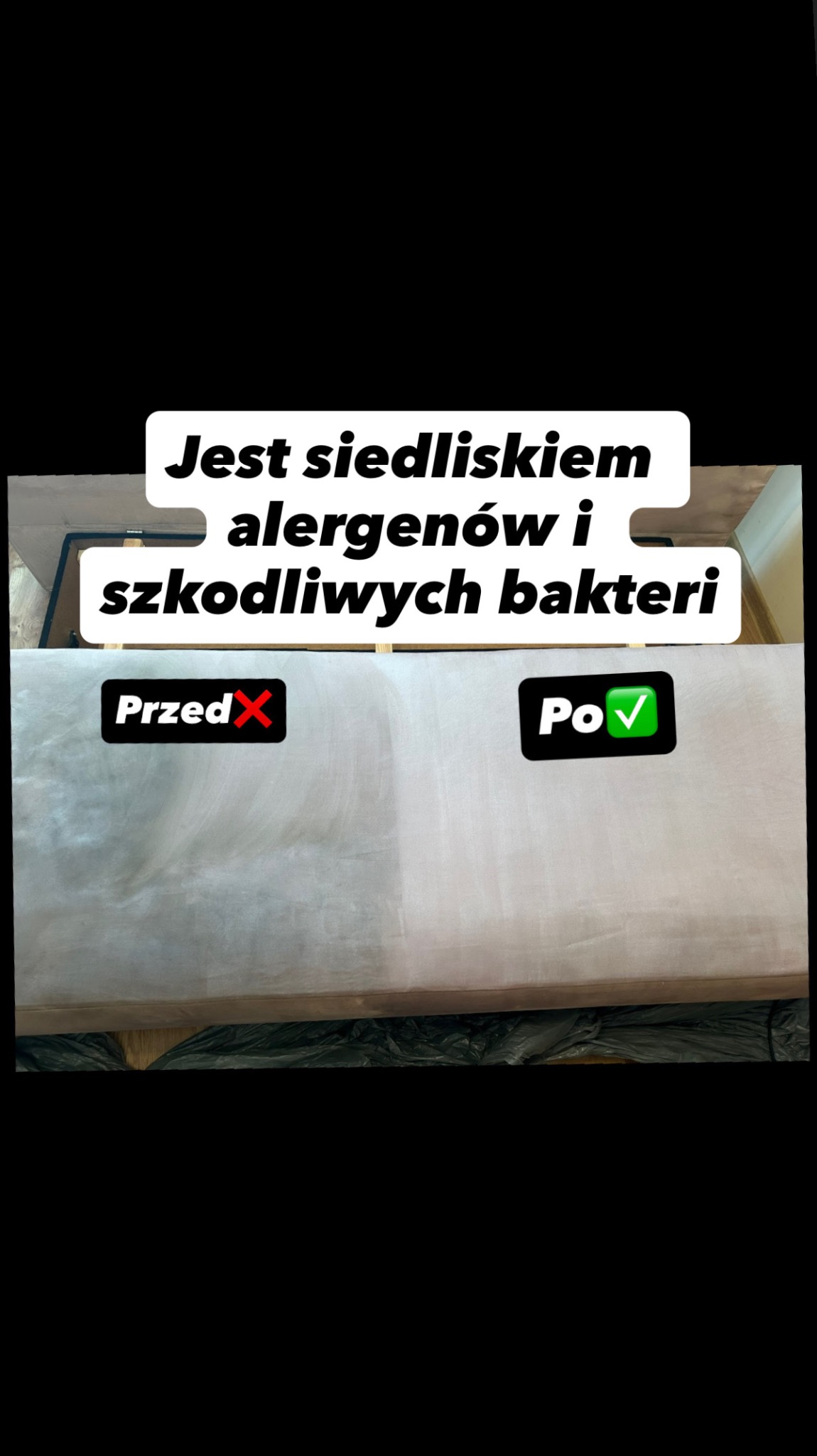 Materac z widocznym podziałem na część przed i po czyszczeniu, z napisem 'Przed' i 'Po'. Tekst: 'Jest siedliskiem alergenów i szkodliwych bakterii'.
