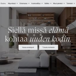 Ecosta global - Zrzut ekranu strony internetowej z nowoczesnym wnętrzem domu. Minimalistyczny design, jasne kolory, drewniane elementy i schody. Napis w języku fińskim.