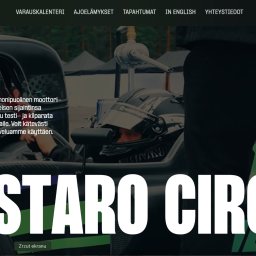 Ecosta global - Zrzut ekranu strony internetowej Alastaro Circuit z kierowcą w kasku i schematem toru wyścigowego. Tekst w języku fińskim i angielskim.