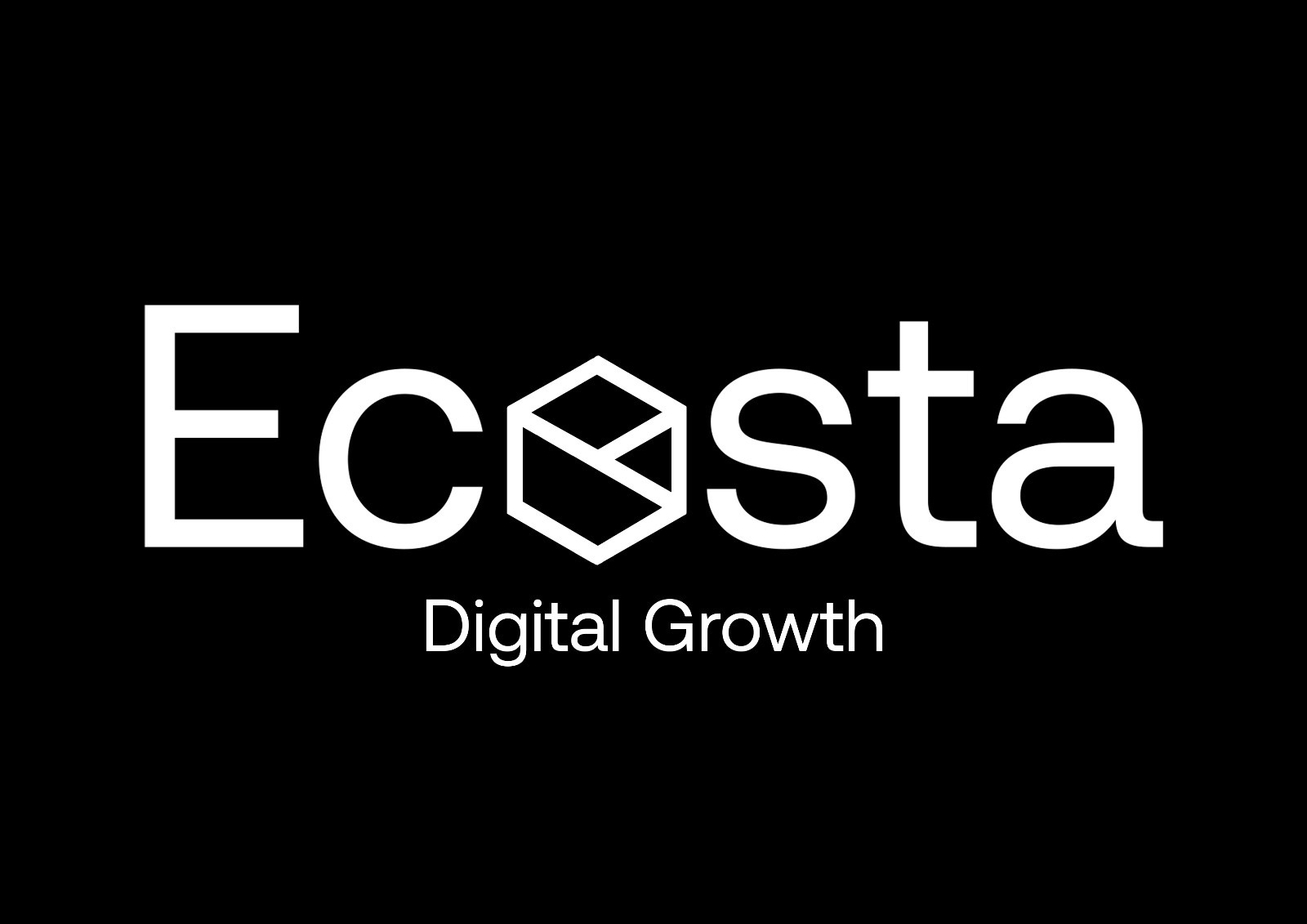 Białe logo firmy Ecosta Digital Growth na czarnym tle. Logo zawiera nazwę firmy i symbol sześcianu z abstrakcyjnym wzorem w środku.