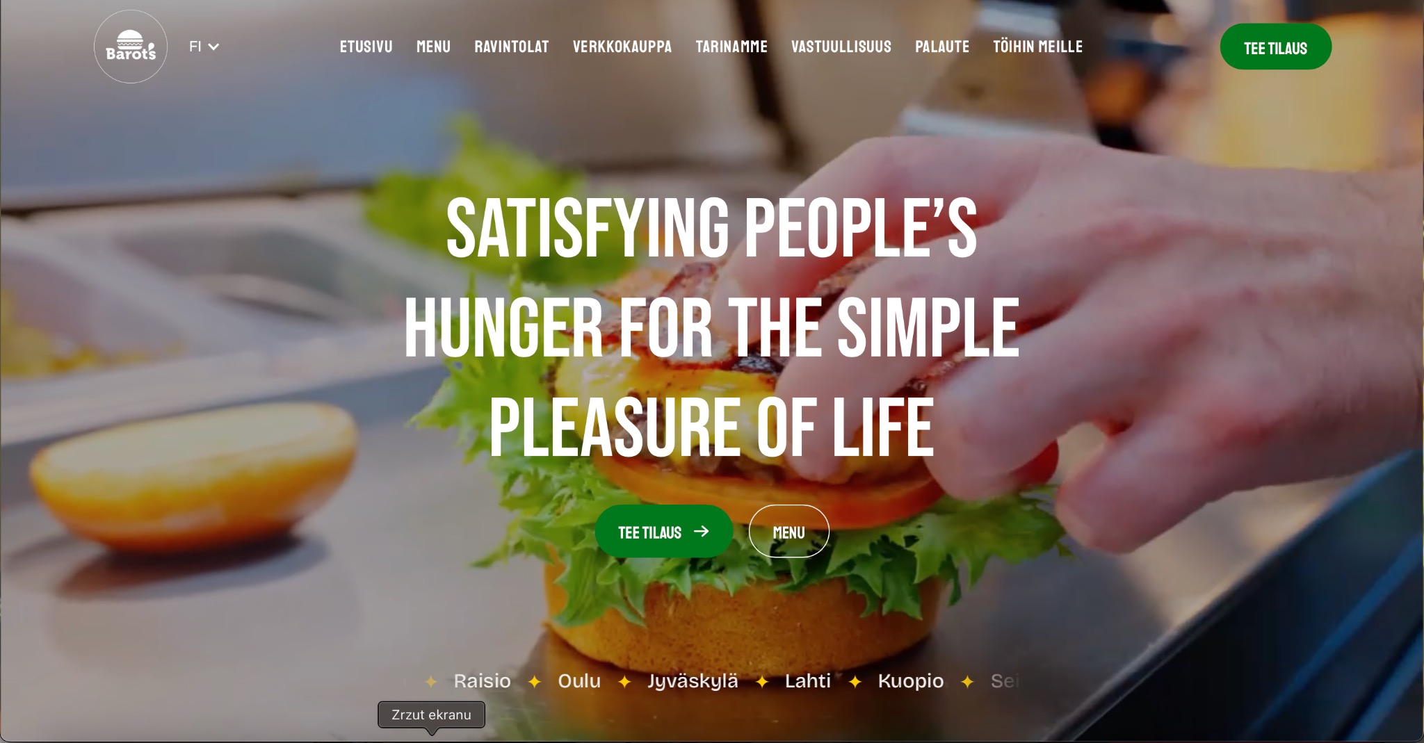 Strona internetowa restauracji Barots z burgerem w centrum, hasłem 'Satisfying people's hunger for the simple pleasure of life' i przyciskami 'Tee tilaus' i 'Menu'.