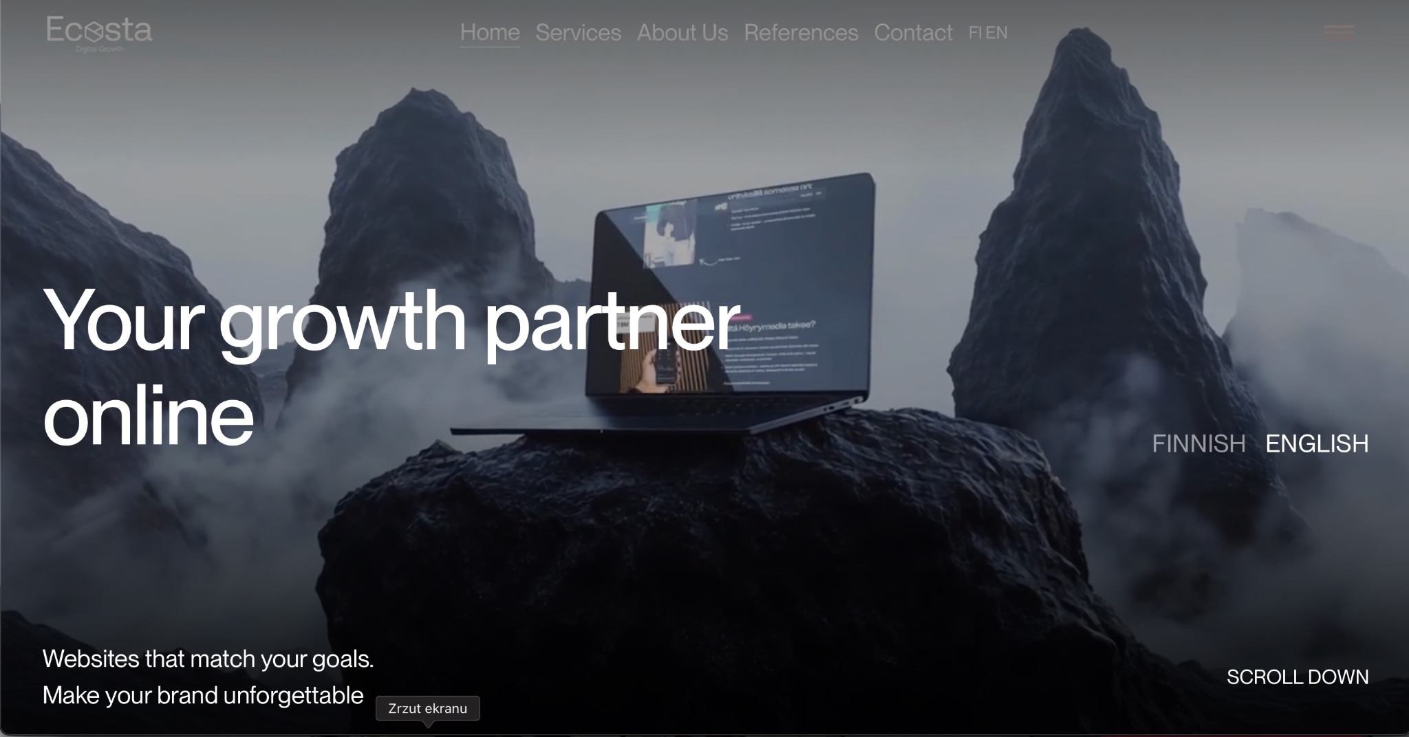 Laptop na tle gór prezentuje stronę internetową z hasłem 'Your growth partner online'. Minimalistyczny design, ciemna kolorystyka, nowoczesny wygląd.