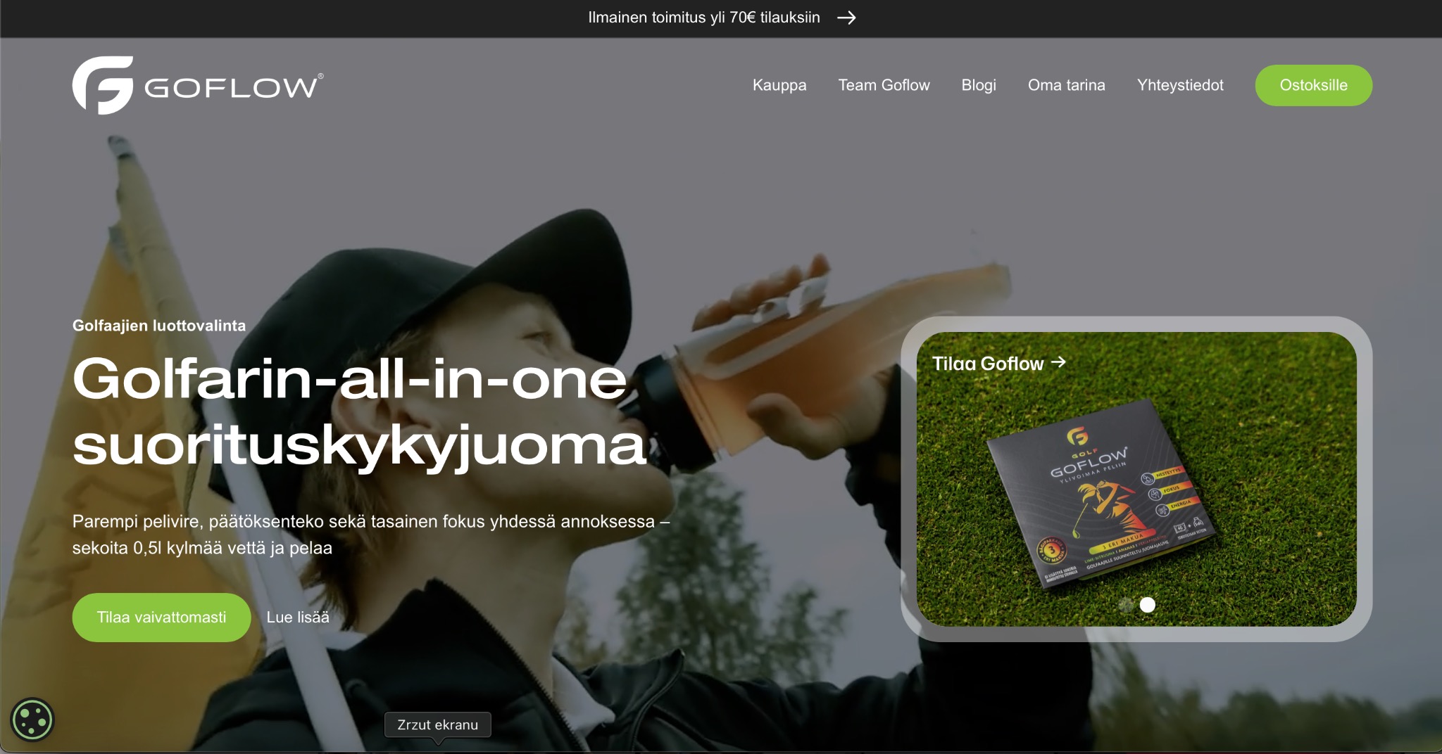 Strona internetowa marki GOFLOW z golfistą pijącym napój i produktem na trawie. Promocja napoju energetycznego dla golfistów z hasłem 'Golfarin-all-in-one'.