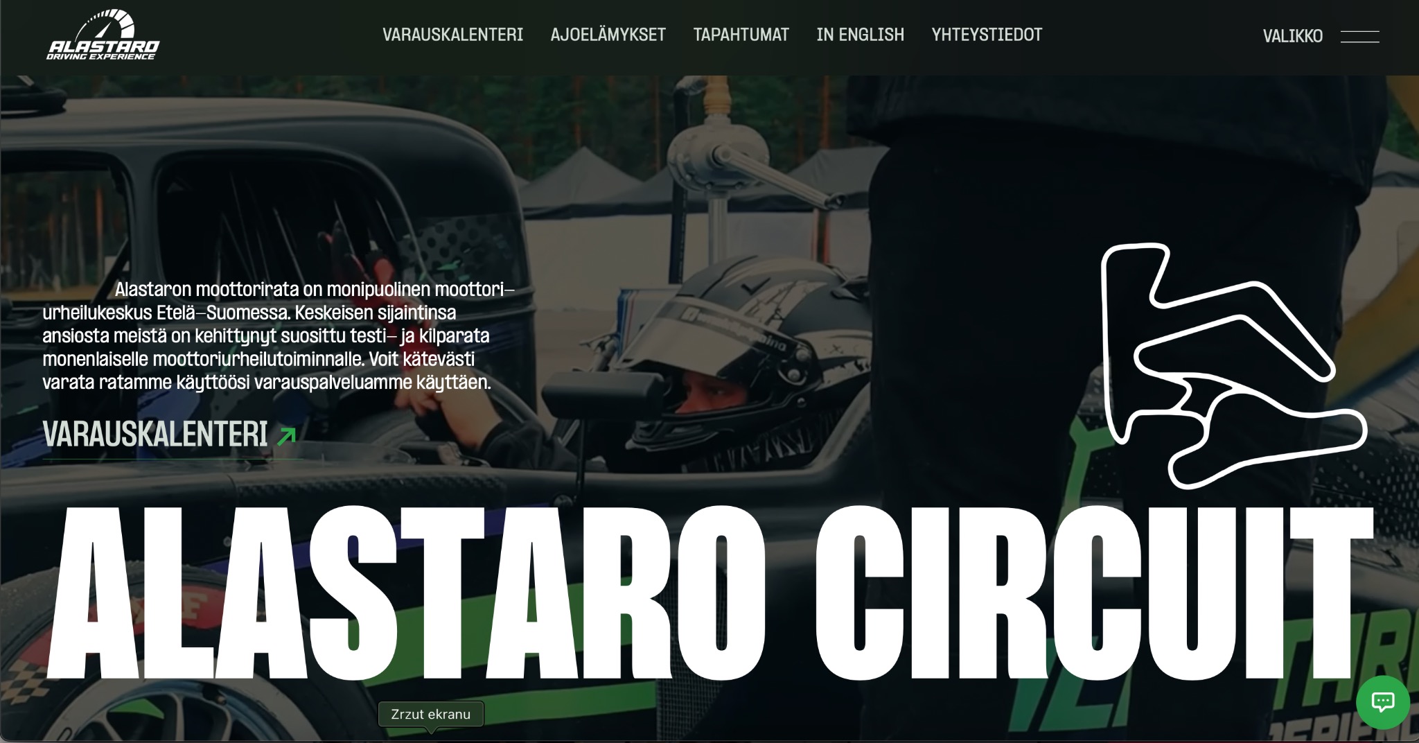 Zrzut ekranu strony internetowej Alastaro Circuit z kierowcą w kasku i schematem toru wyścigowego. Tekst w języku fińskim i angielskim.