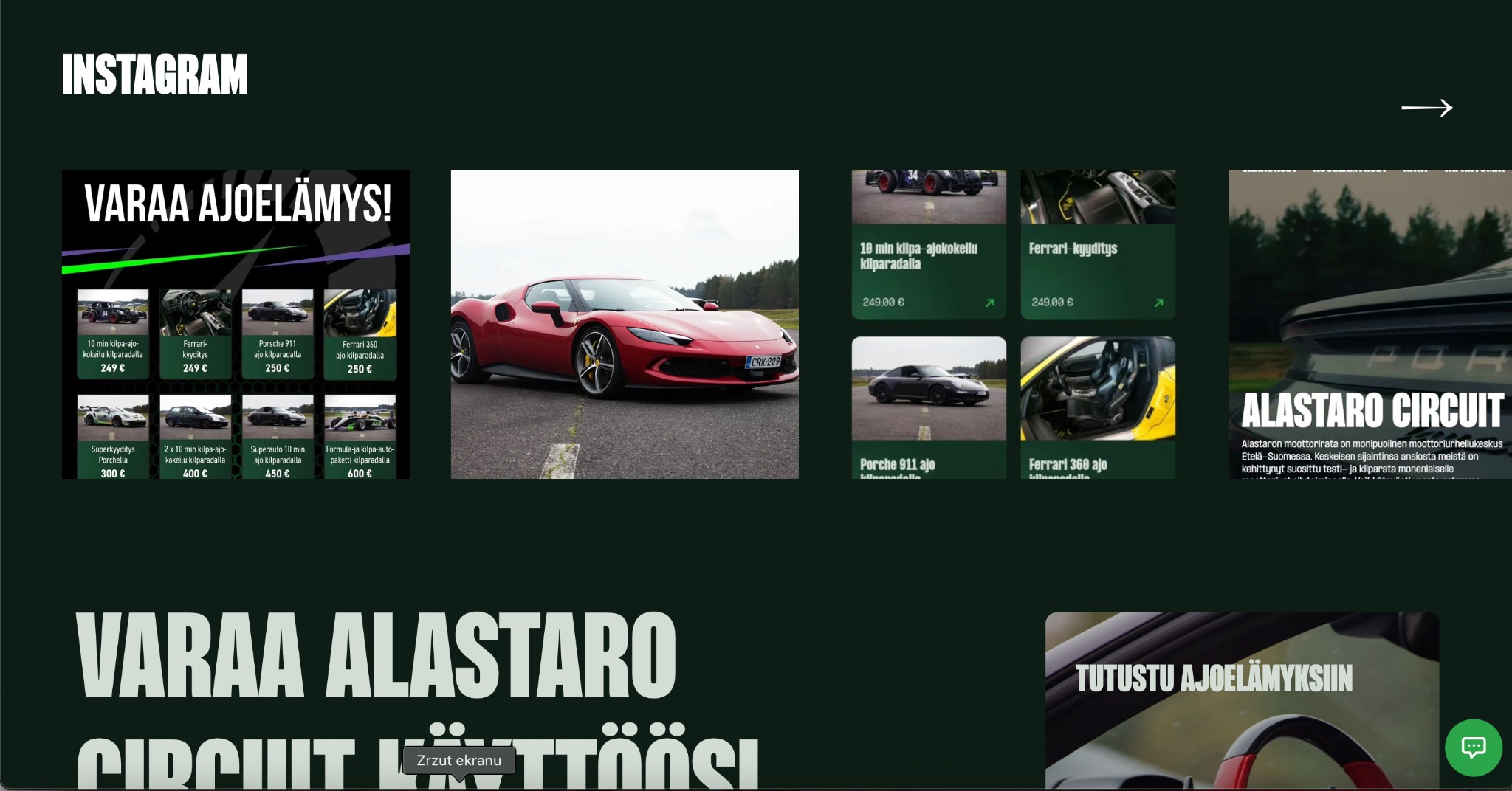 Zrzut ekranu strony internetowej Alastaro Circuit z ofertami przejażdżek sportowymi autami na torze, w tym Ferrari i Porsche. Widoczne ceny i logo Instagram.