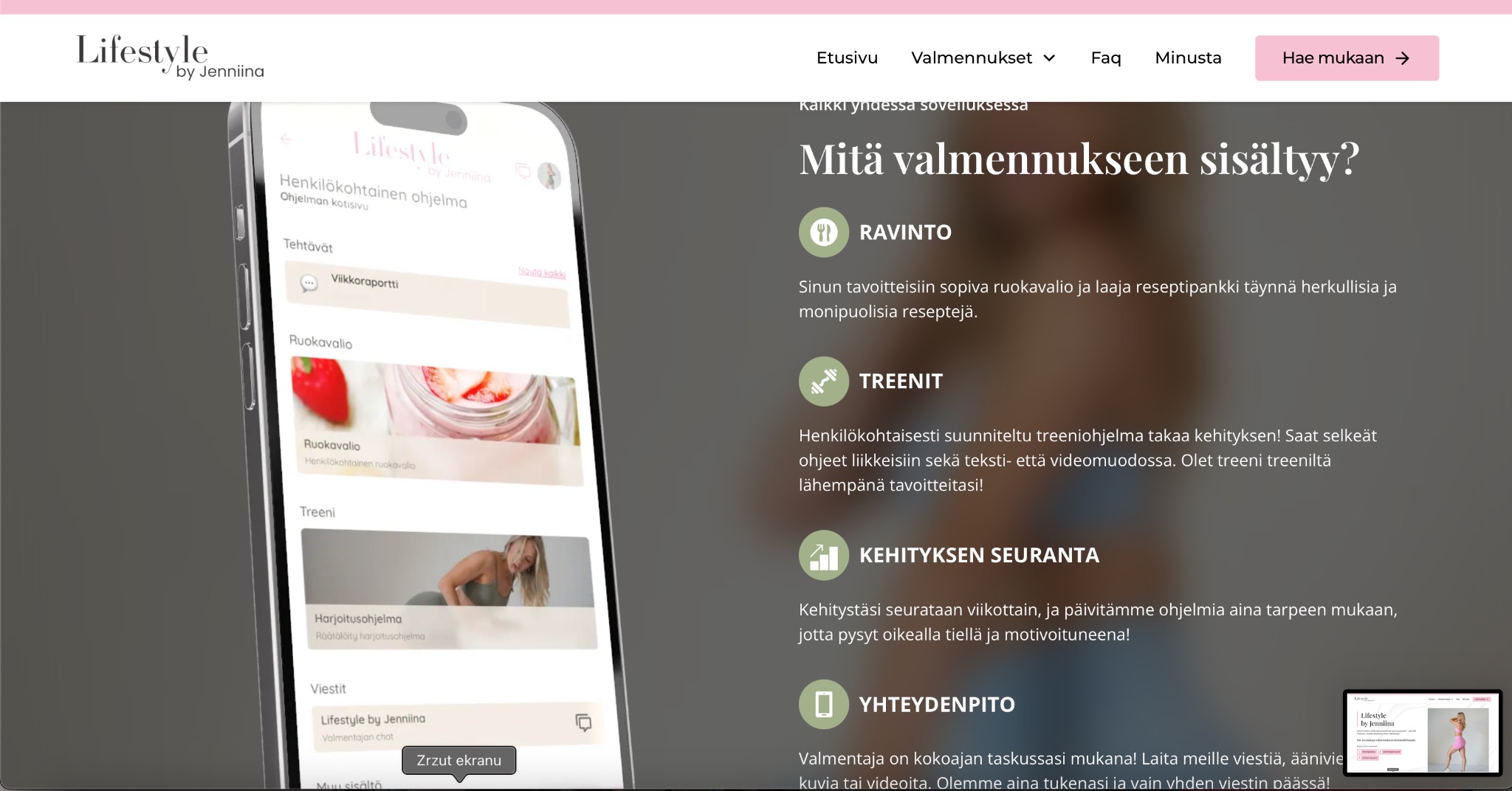 Strona internetowa z aplikacją mobilną 'Lifestyle by Jenniina' oferującą spersonalizowane programy treningowe i dietetyczne. Widoczny interfejs aplikacji na smartfonie.