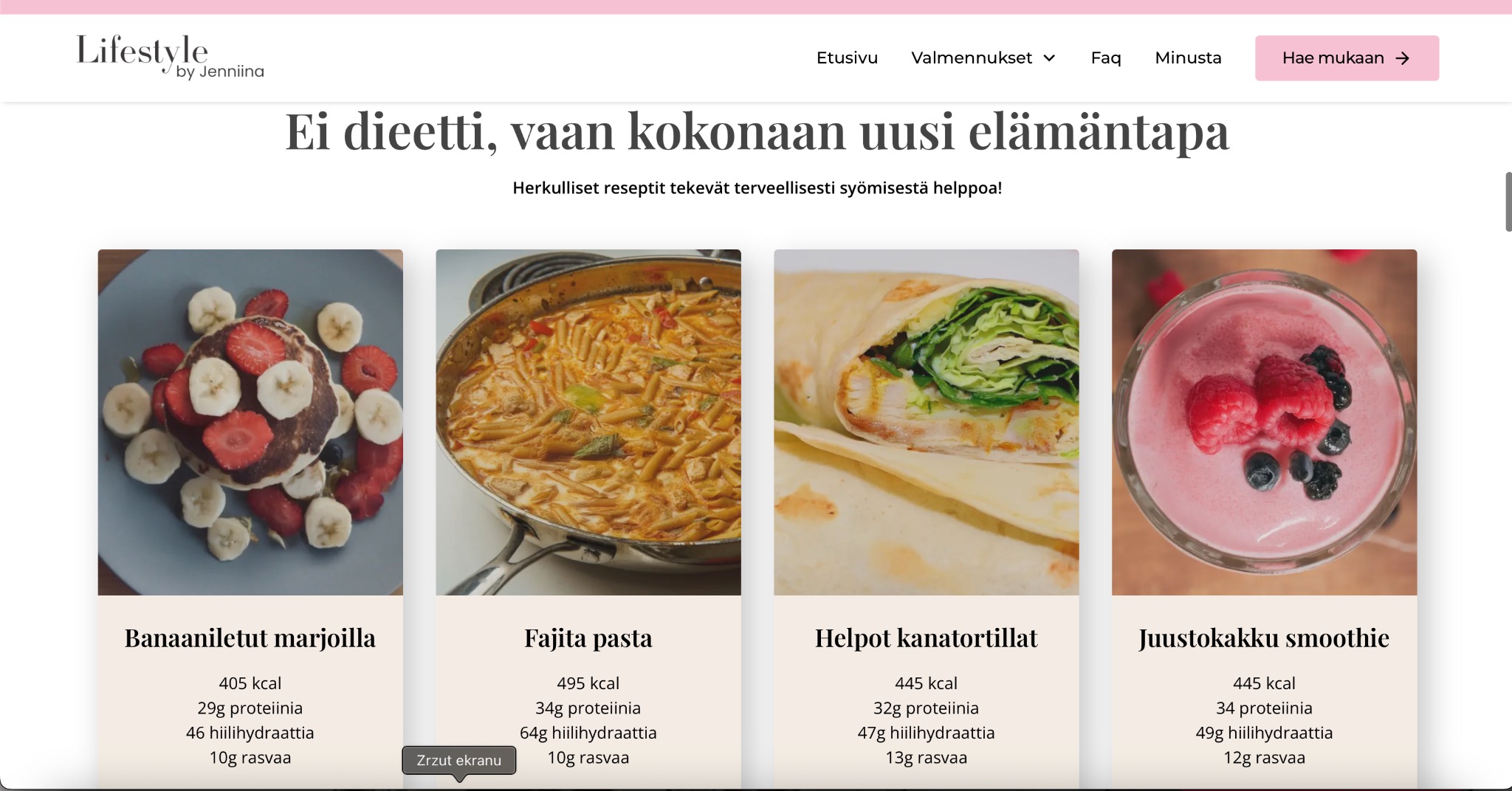 Strona internetowa z przepisami: naleśniki bananowe z owocami, pasta fajita, tortilla z kurczakiem i smoothie z ciasta serowego. Podane wartości kaloryczne i odżywcze.