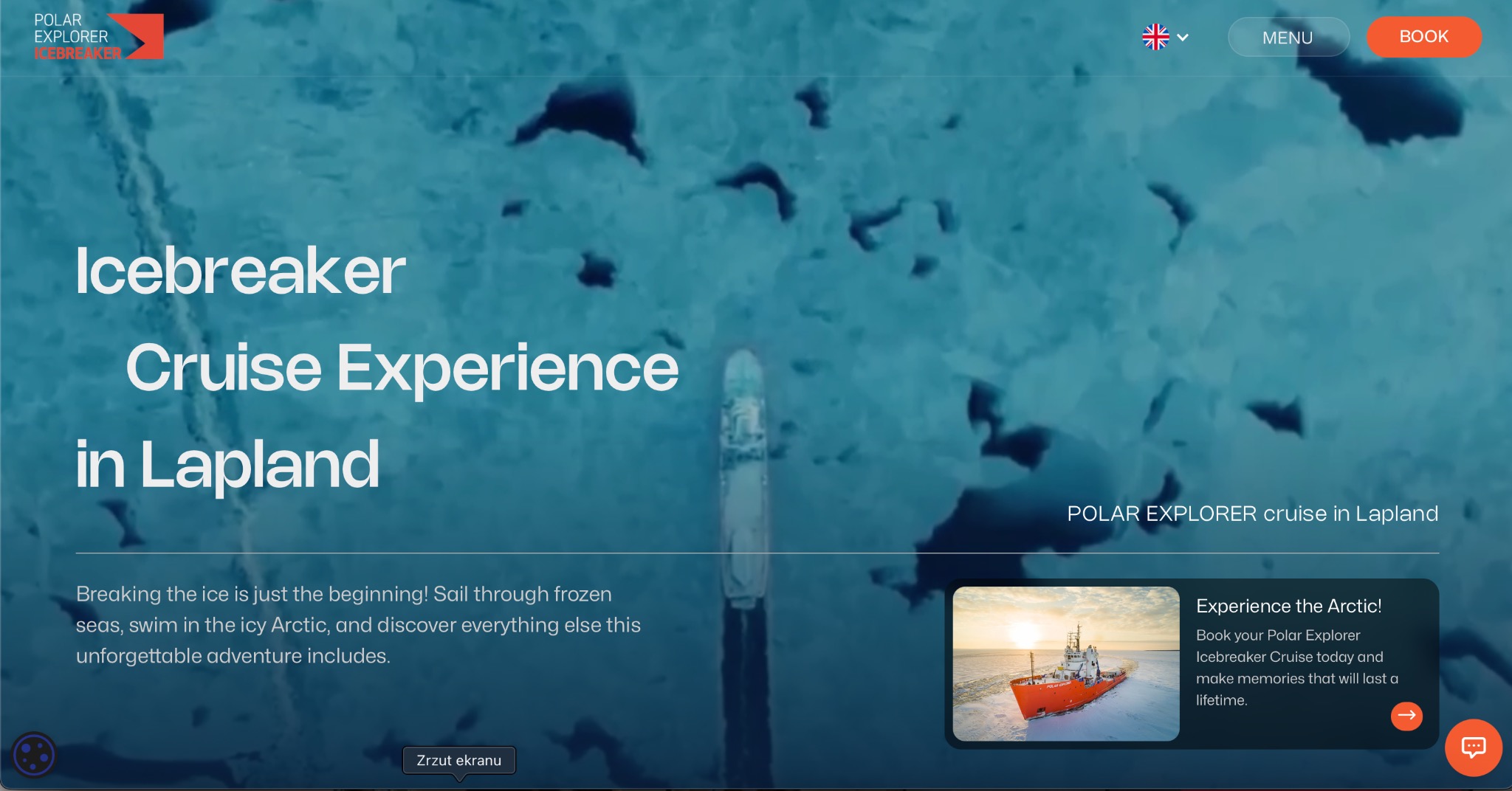 Strona internetowa z ofertą rejsu lodołamaczem po Laplandii. Widok z góry na lód i statek, tekst 'Icebreaker Cruise Experience in Lapland' i przycisk 'Book'.