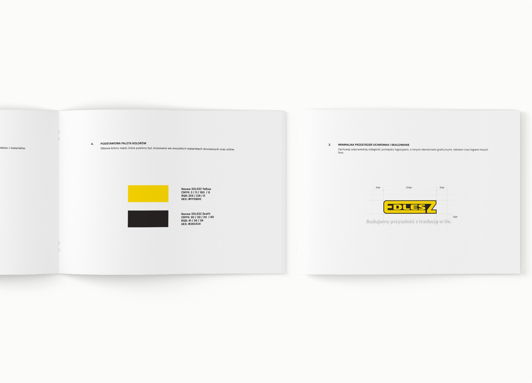Rozkładówka prezentująca paletę kolorów marki (żółty i grafit) oraz minimalną przestrzeń ochronną logotypu 'EDLESZ' z hasłem 'Budujemy przyszłość z tradycją w tle'.