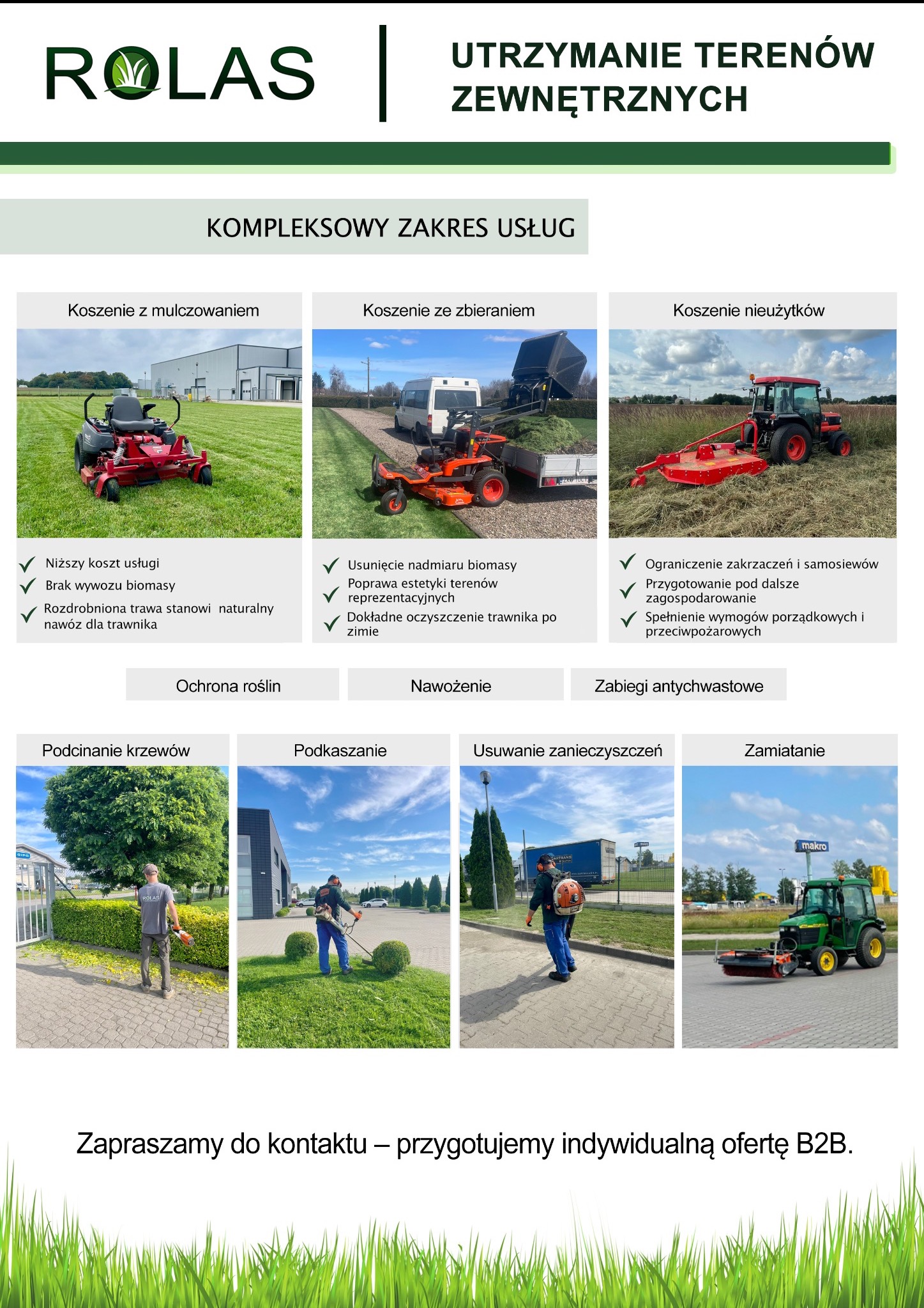 Kompleksowy zakres usług utrzymania terenów zewnętrznych: koszenie, podcinanie krzewów, usuwanie zanieczyszczeń, zamiatanie. Różne maszyny w akcji.