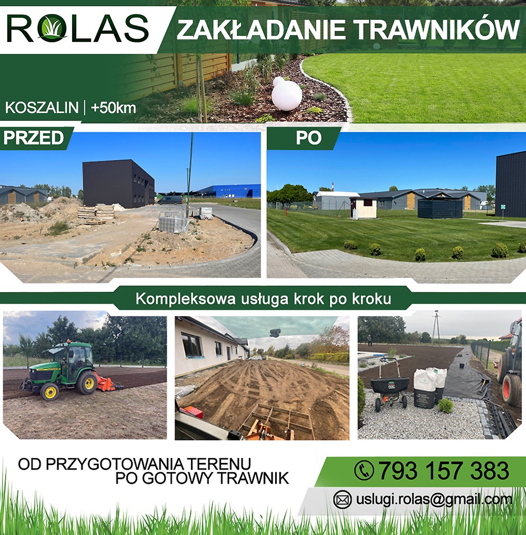 Kompleksowa usługa: od przygotowania terenu po gotowy trawnik. Zdjęcia 'przed' - niezagospodarowany teren i 'po' - zielony trawnik z nasadzeniami.