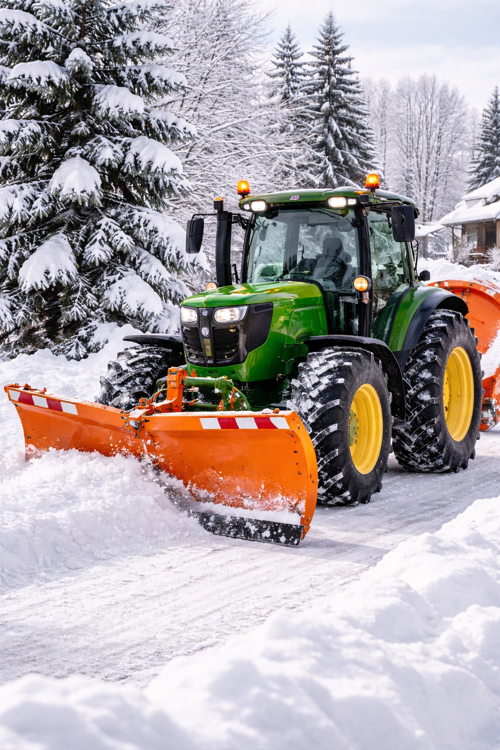 Zielony traktor John Deere z pomarańczowym pługiem odśnieża drogę w zimowej scenerii. Widoczne ośnieżone drzewa i budynek w tle. Włączone światła ostrzegawcze.